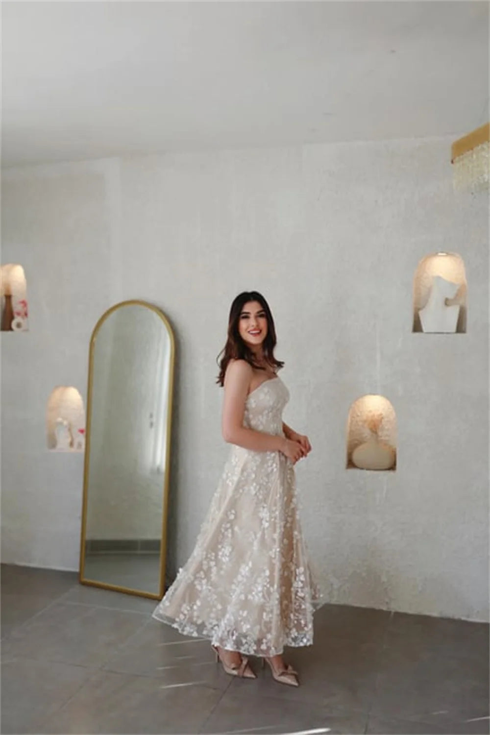 Tea Length Wedding Dress Tulle Lace A Line Bridal Dress
