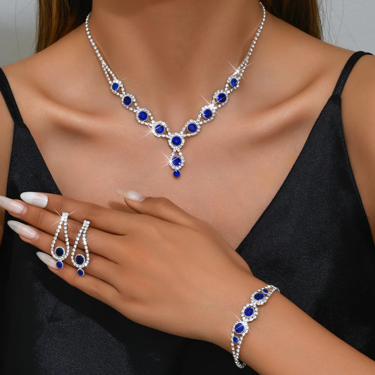 Shining Crystal Rhinestone Necklace Earrings Bracelet Jewelry Set