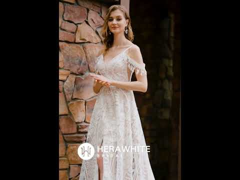 Load and play video in Gallery viewer, Beach Bohemian Lace Wedding Dress with Plunging V-Neckline
