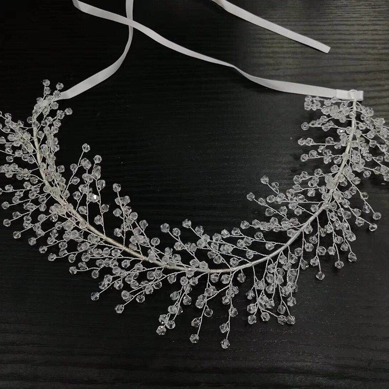 Crystal Pearl Bead Bridal Headpiece Satin Ribbon Tiaras Crown