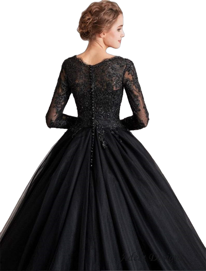 lace-black-wedding-dress-beaded-sequins-long-sleeve-bridal-ball-gown