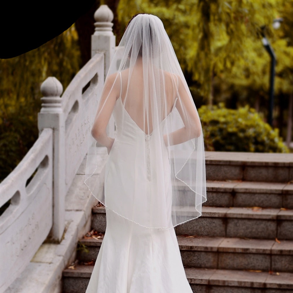 Crystal Beaded Edge Elbow Length Wedding Veil