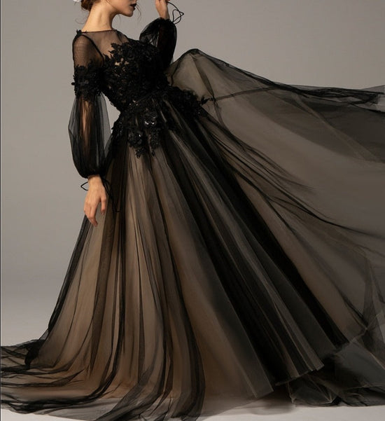 Gothic Black Wedding Dress Lace Bohemian Bridal Gown