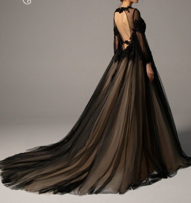 Gothic Black Wedding Dress Lace Bohemian Bridal Gown