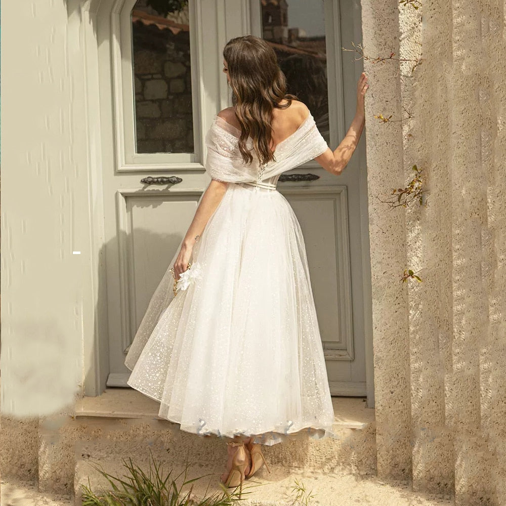 Bling Glitter Tulle Boho Wedding Dress Sweetheart Tea Length Dress White 18W