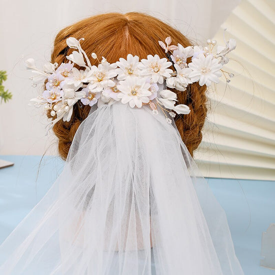 White Handmade Cut Edge Tulle Wedding Bridal Veil Flower Headdress