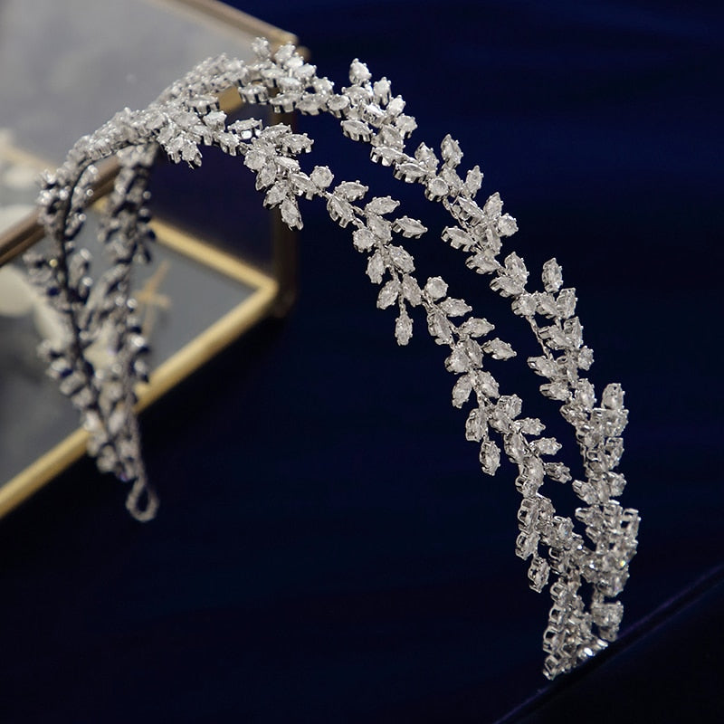 Bridal Headpiece Crystal Wedding Headband Tiara Accessory, This stunning bridal hairband boasts double rows of sparkling crystals arranged in a delicate leaf design