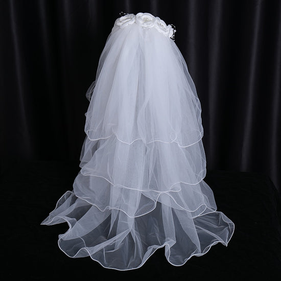 White Flower Pearl Bridal Veil 4 Ribbon Edge Wedding Veil With Comb