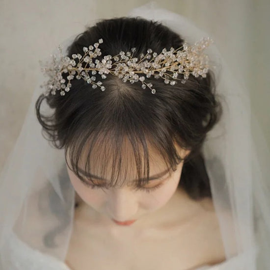 Crystal Pearl Bead Bridal Headpiece Satin Ribbon Tiaras Crown