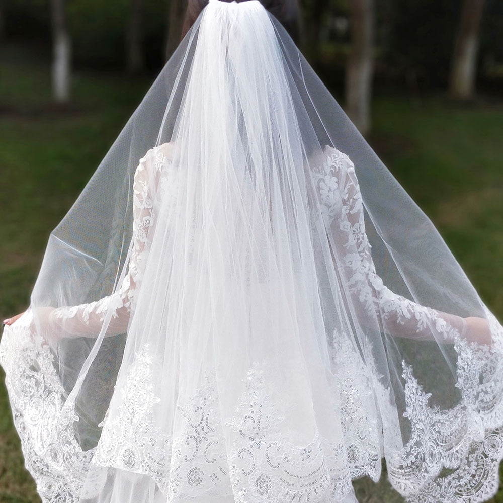 2 Layers Sequins Lace 3 Meters Cathedral  Wedding Veils with Comb White Ivory Bridal Veil