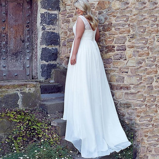 Classic Lace Bridal Dress Beaded Belt A Line Chiffon Beach Wedding Gown