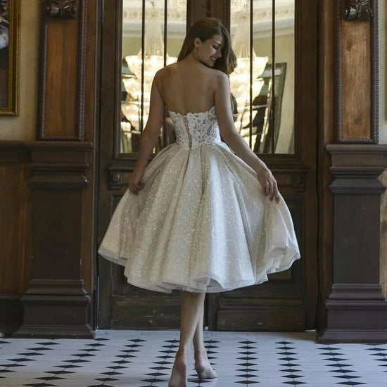 Short Glitter Wedding Dress Elegant Lace  Shiny Bridal Off the Shoulder Knee-Length Princess Party Dress