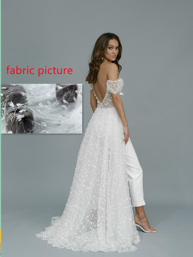 Wedding Jumpsuit with Long 3D Lace Train  Organza Bridal One Piece
