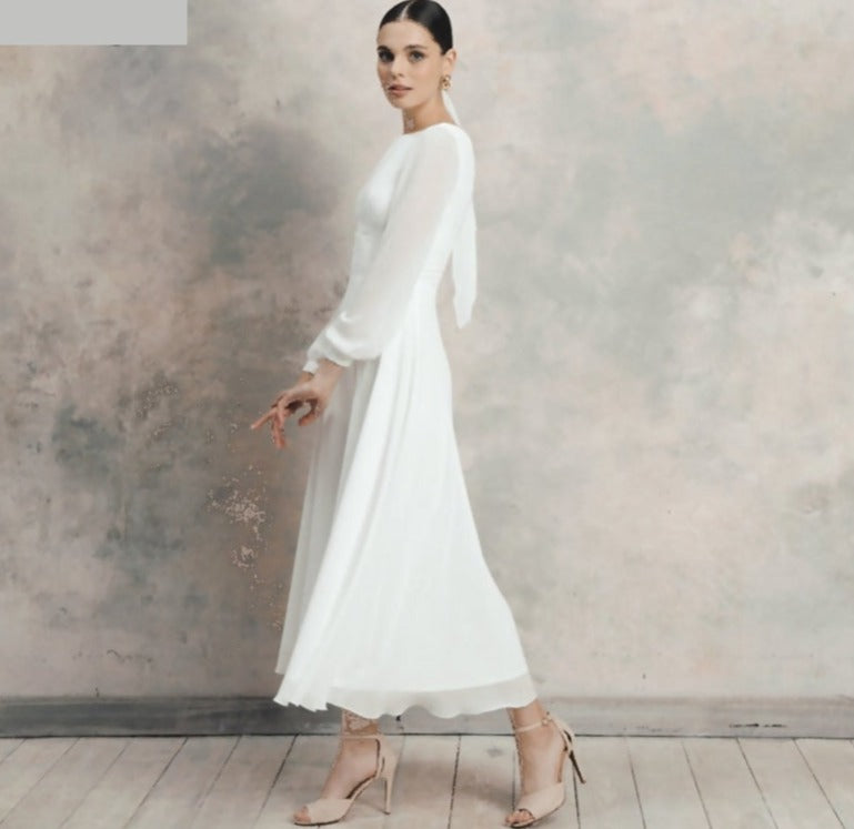 Tea-Length A-Line Long Sleeve Chiffon Beach Bridal Reception Wedding Dress
