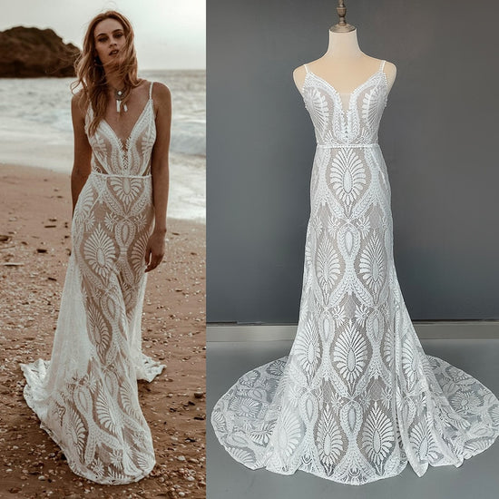 Beach Wedding Mermaid Bridal Gown Deep V-Neck Rustic Lace Dress