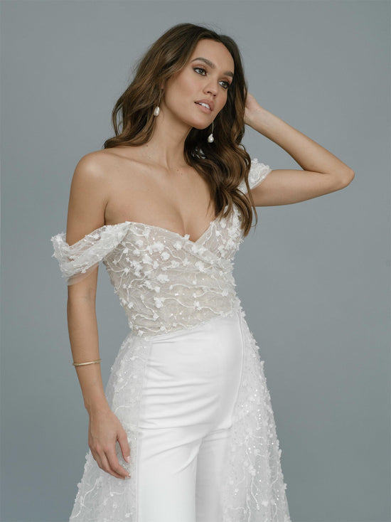 Wedding Jumpsuit with Long 3D Lace Train  Organza Bridal One Piece