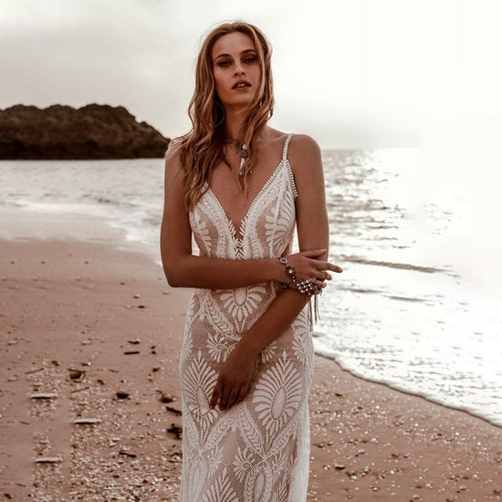 Beach Wedding Mermaid Bridal Gown Deep V-Neck Rustic Lace Dress