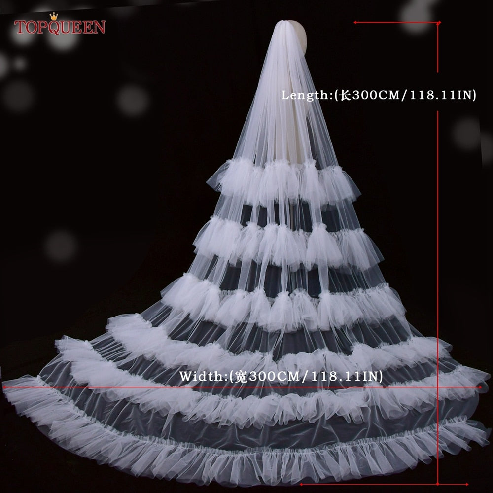 3Meter Bridal Veil Ruffles Tulle Cathedral Length Veil Single Tier