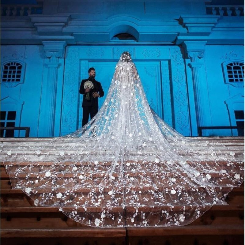 Wedding Veil 5M Cathedral Length Lace One Layer Bridal Accessory. Featuring intricate floral patterns and a cathedral length
