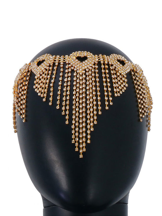 Heart Crystal Rhinestone Mesh Tassel Headpiece Wedding Head Chain Jewelry