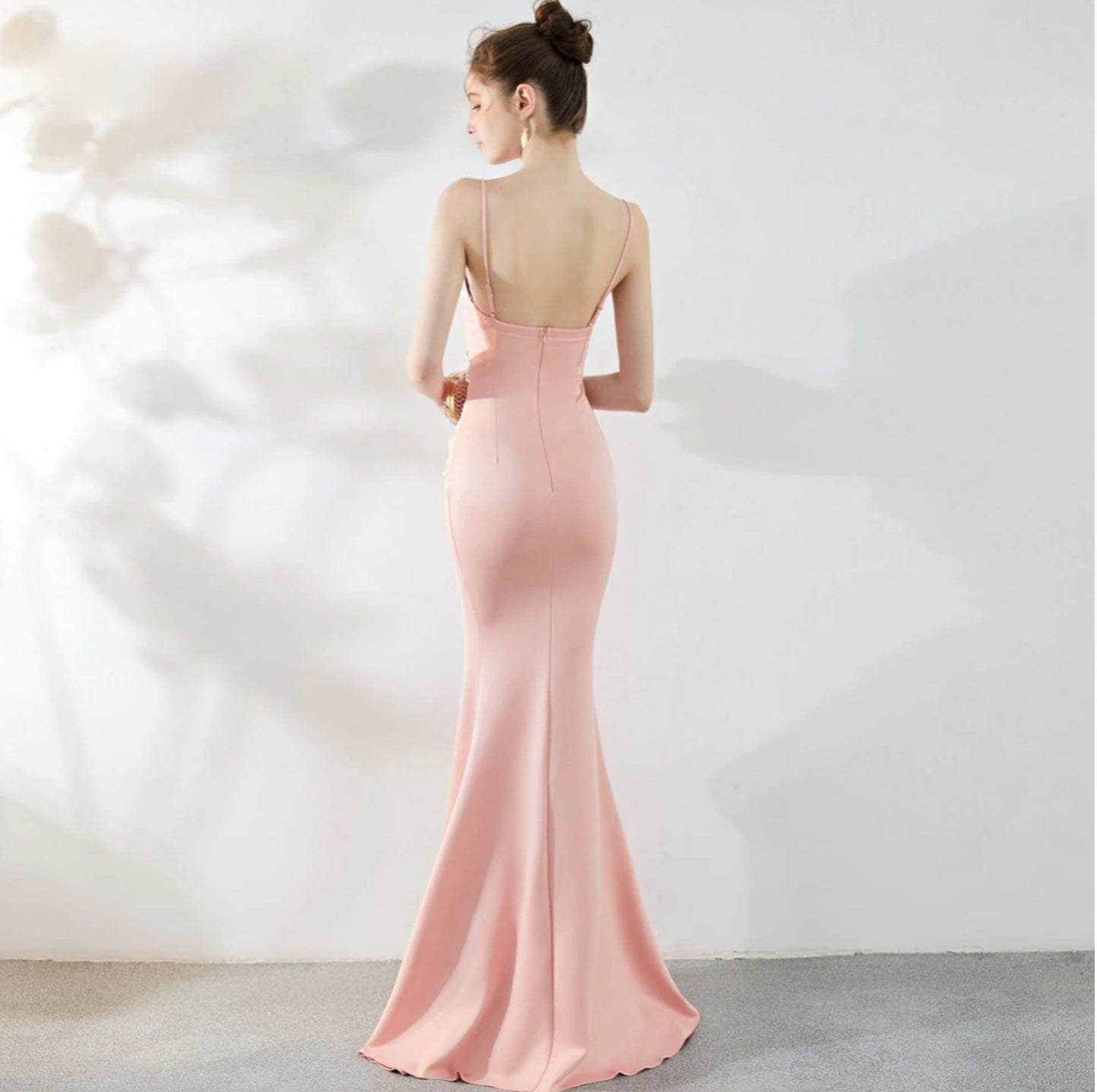 Satin Bare Back Split Simple Long Crystal V-neck Mermaid Party/Prom Dress