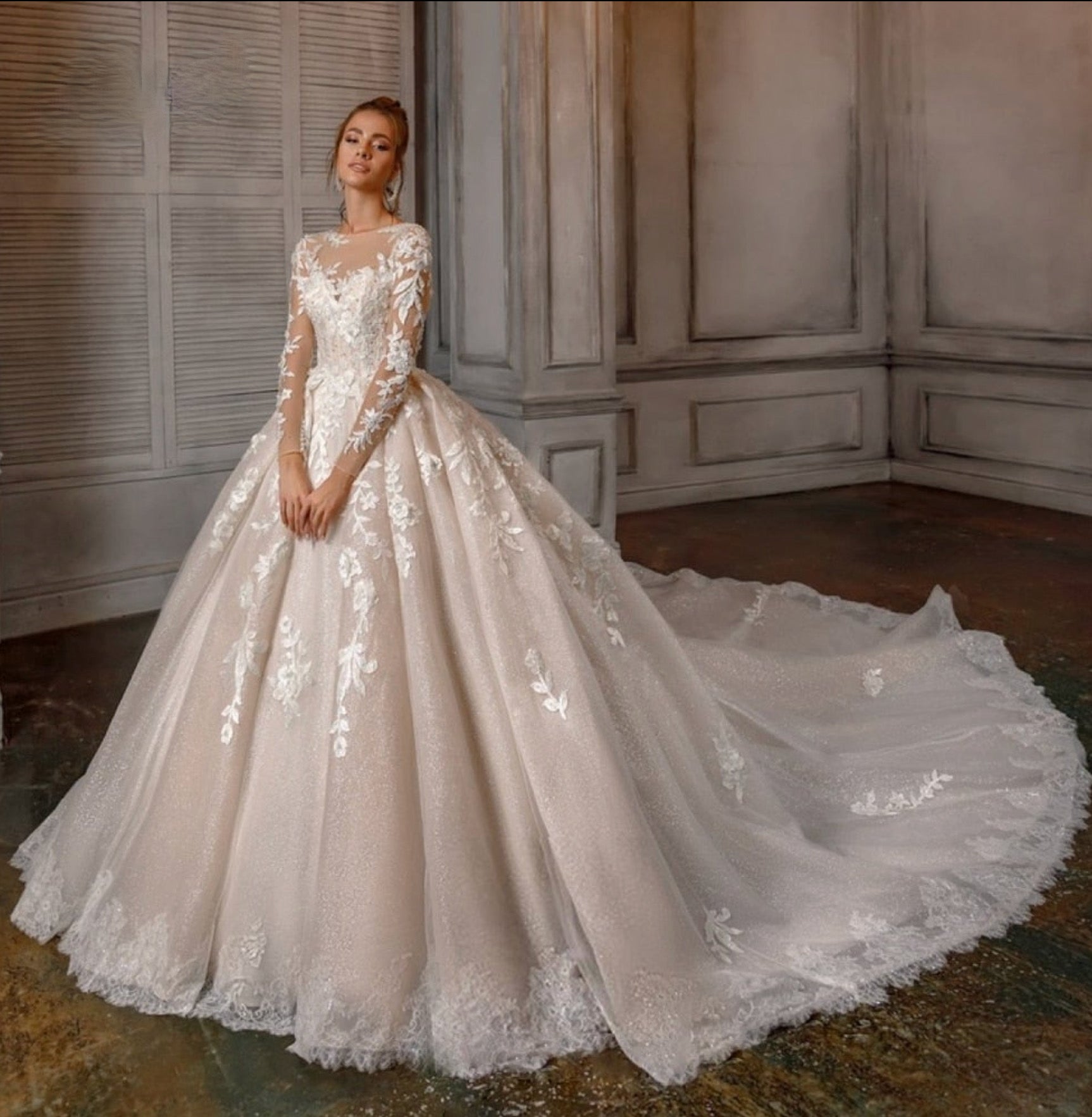 Vestido de novia estilo princesa con cola de capilla y encaje de