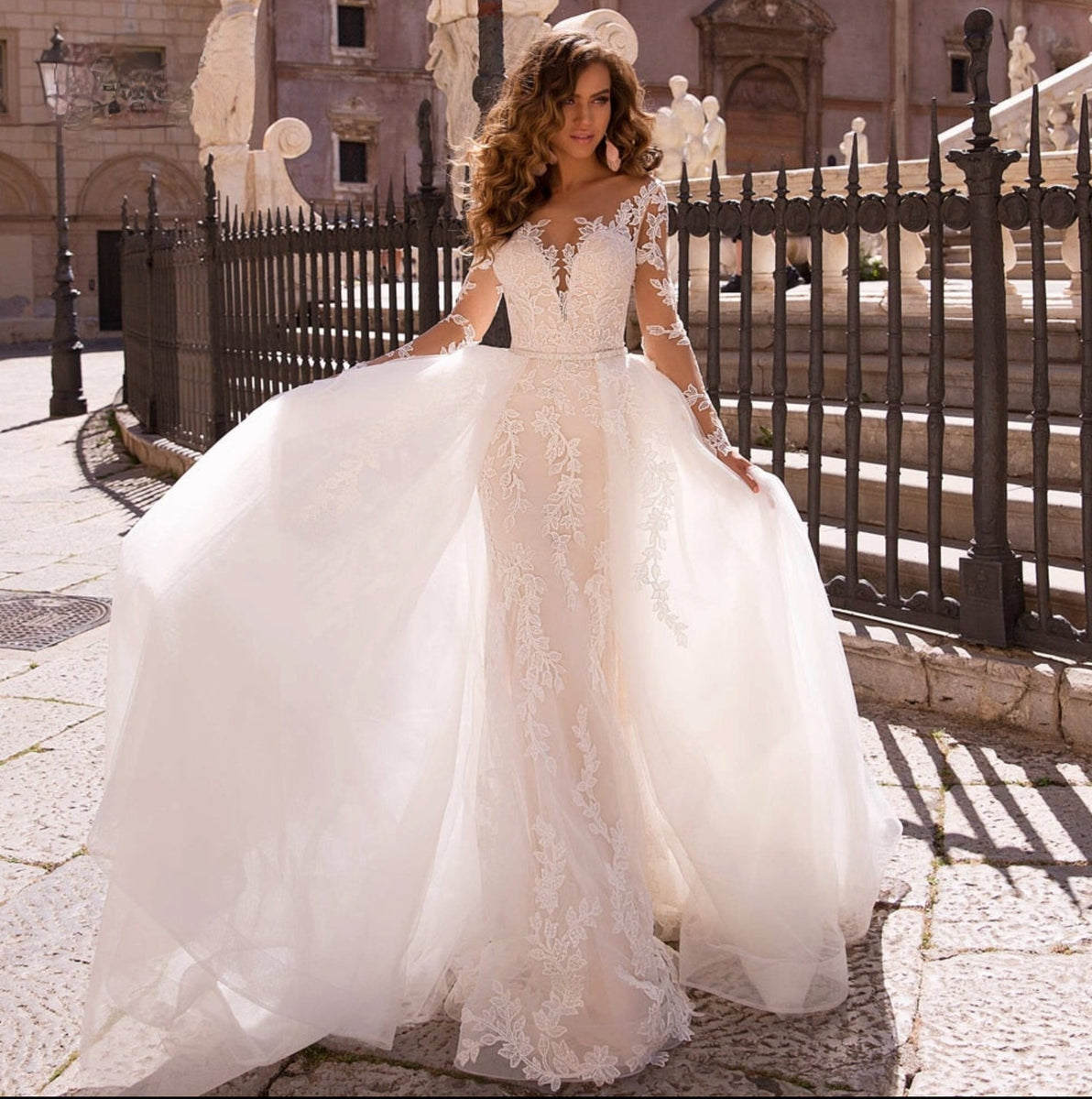 Off Shoulder V-Neck Long Sleeve Lace Overlay Wedding Dress With Train