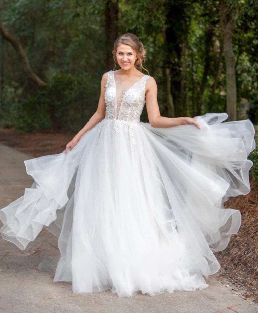 Beaded Floral Lace Plunging A-line Wedding Dress