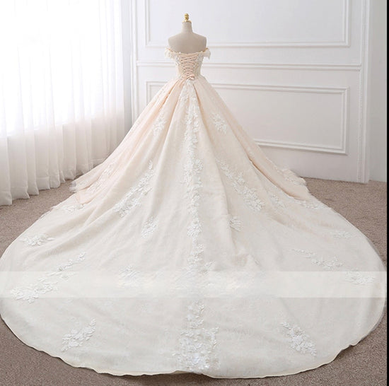 Sweetheart Lace Flower Pearl Beaded A-Line Wedding Dress Bridal Ball Gown