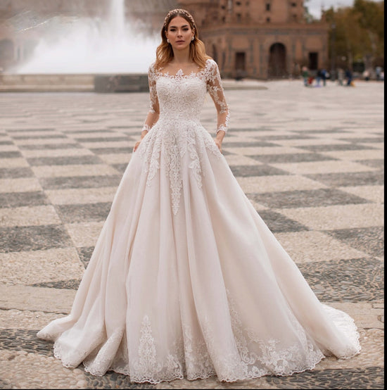 Lace Beaded Bodice Illusion Sleeve Court Train Wedding A-Line Bridal Gown