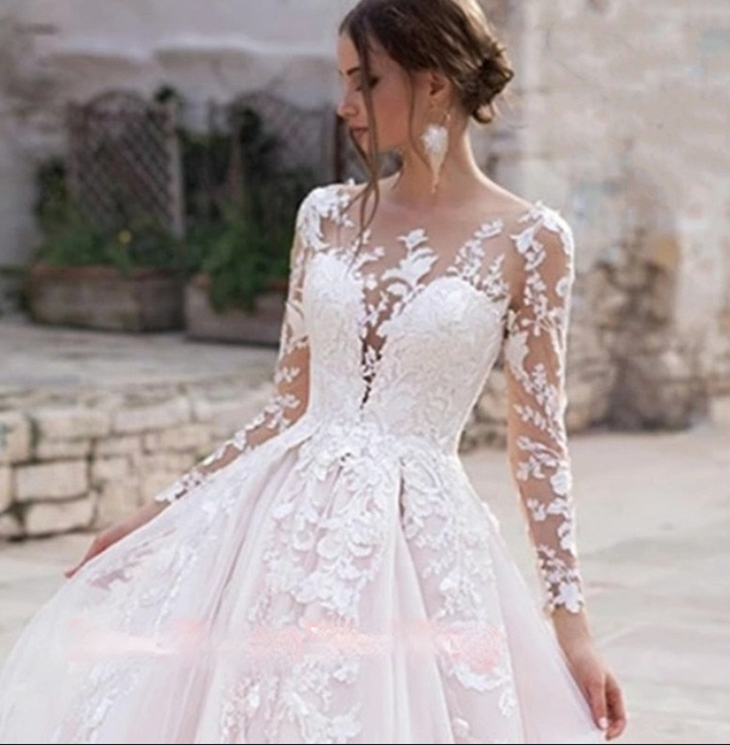 Luxury Pink Long Lace Sleeve Royal Train Bride Wedding Gown Vestido De Novia Princess