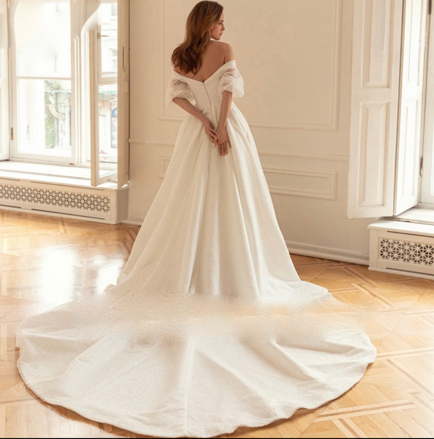Glamour Glitter Lace Puff Sleeve Court Train A Line Wedding Dress