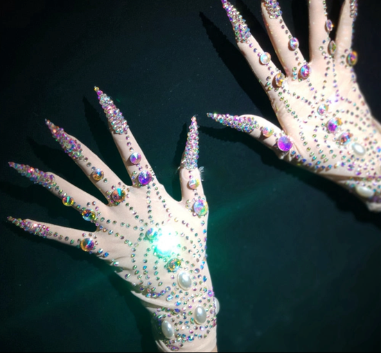 Sparkly Crystal Pearls Short Gloves Performance Show Accessories