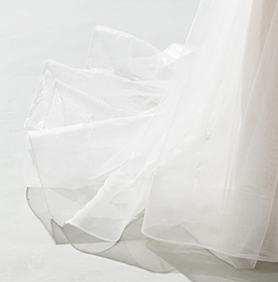 Wedding Dress Satin Lace A-line Bridal Gown With Swiss Tulle, This gorgeous tulle A-line dress with sheer 3/4 length sleeves and delicate lace appliqu