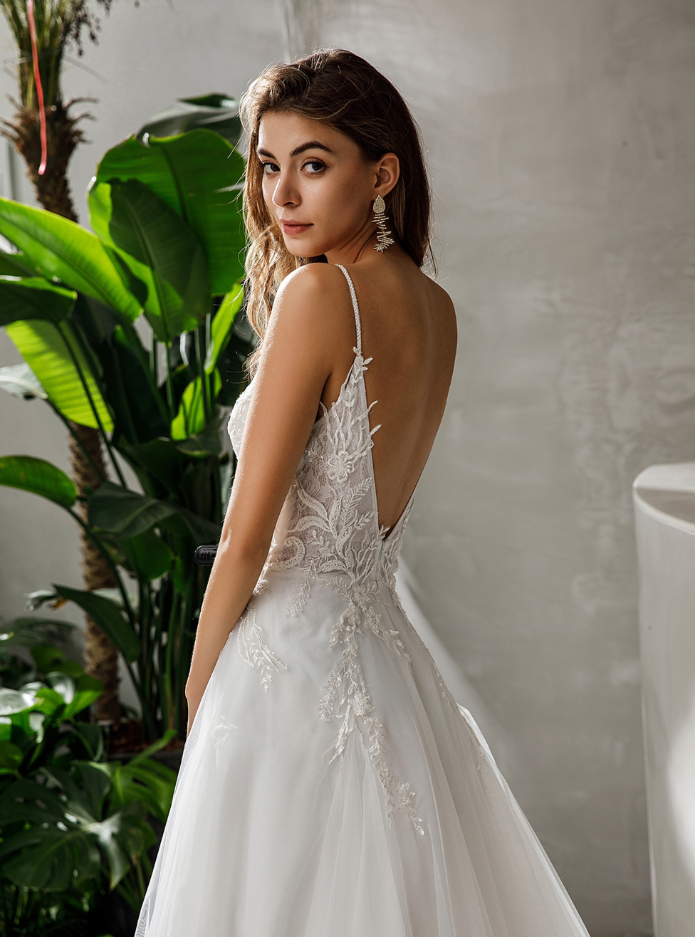 Wedding Dress Satin Tulle Beaded Bridal Gown With Train, With delicate lace details covered in sparkling beading, beautifully framing the plunging V-neckline.