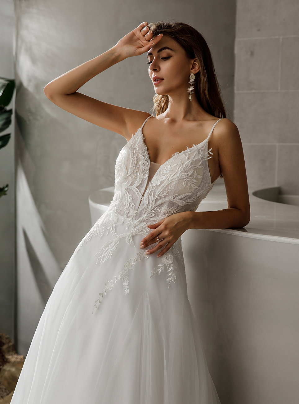 Wedding Dress Satin Tulle Beaded Bridal Gown With Train, With delicate lace details covered in sparkling beading, beautifully framing the plunging V-neckline.