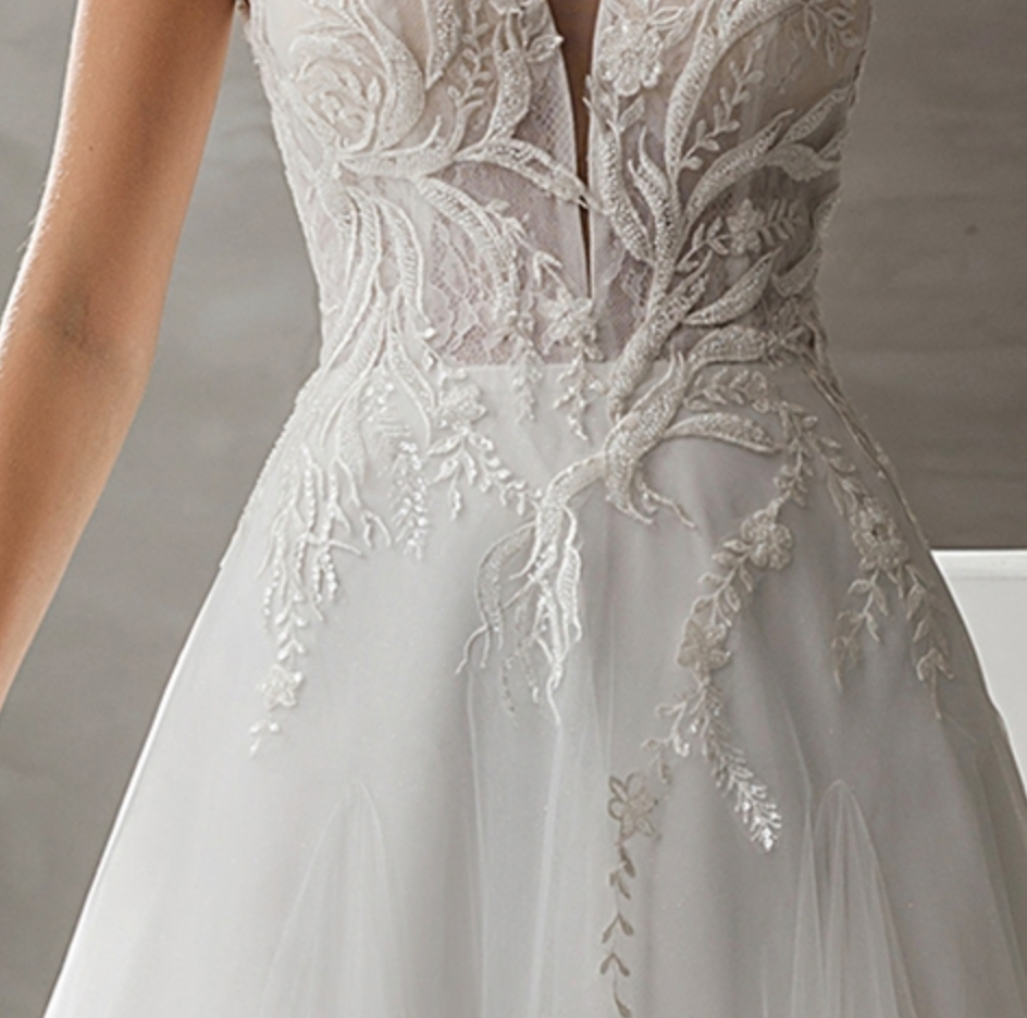 Wedding Dress Satin Tulle Beaded Bridal Gown With Train, With delicate lace details covered in sparkling beading, beautifully framing the plunging V-neckline.