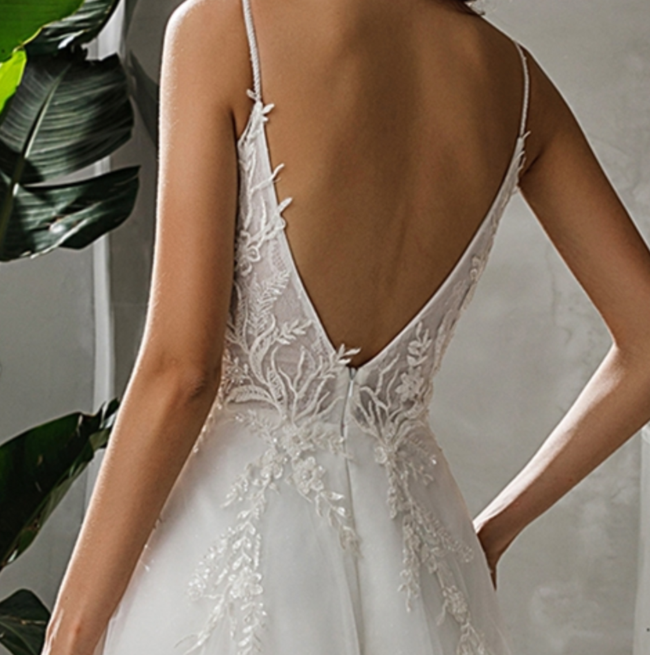 Wedding Dress Satin Tulle Beaded Bridal Gown With Train, With delicate lace details covered in sparkling beading, beautifully framing the plunging V-neckline.
