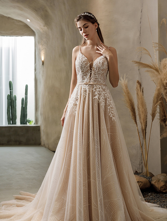 Shimmery Sequined Lace A-Line Wedding Dress With Long Train