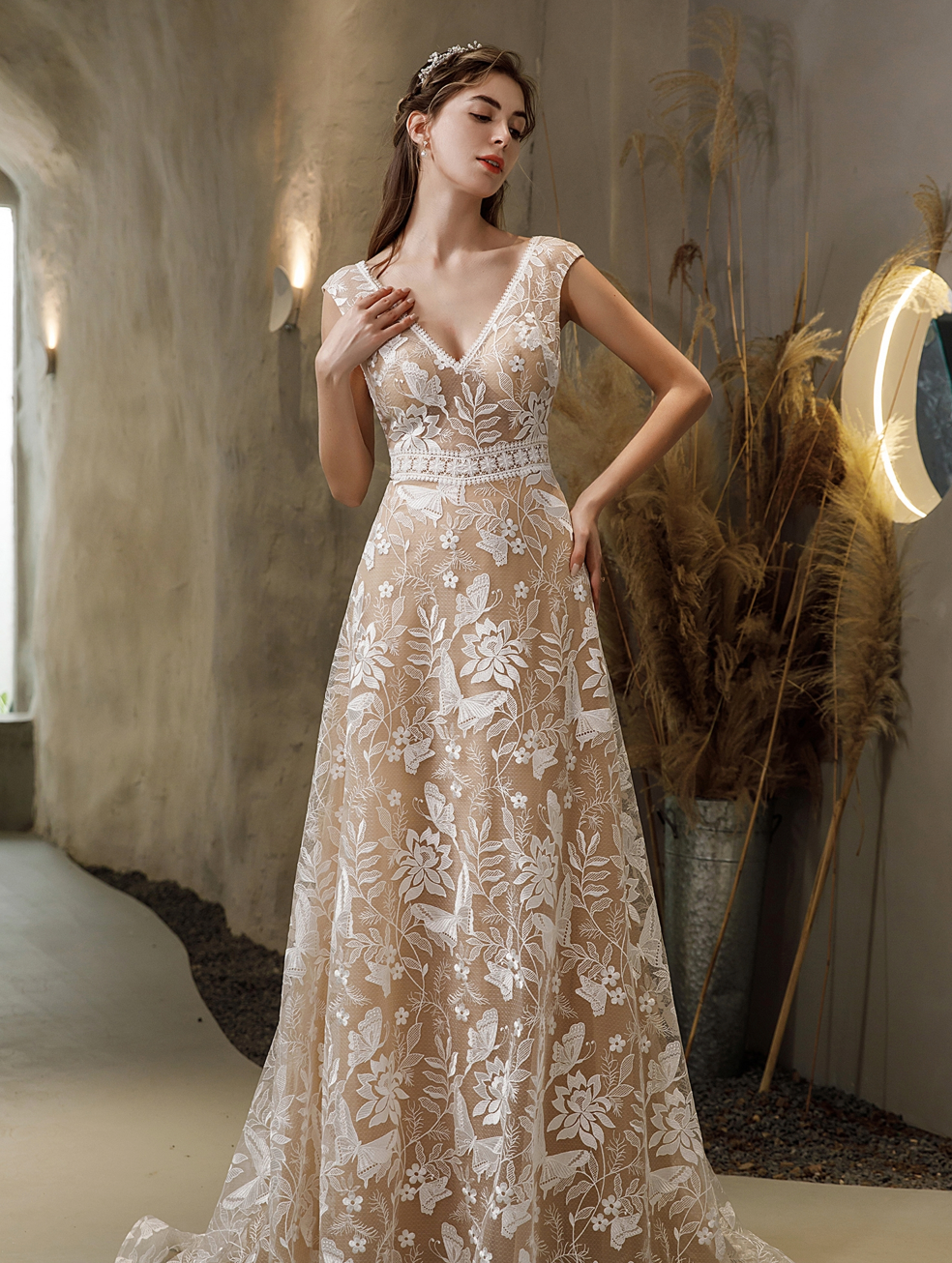 Wedding Dress Boho Illusion Lace Bridal Gown Cap Sleeves, This boho cap sleeves wedding dress features geometric patterns