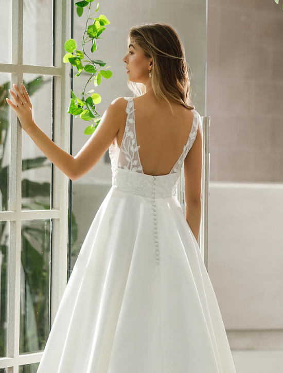 Illusion Bodice Satin A-line Bridal Gown With Pockets