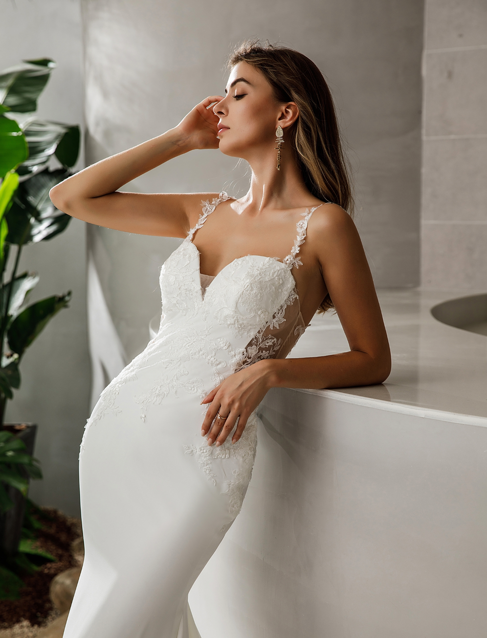 Crepe Fit and Flare Crepe Silhouette Wedding Dress With Lace Straps