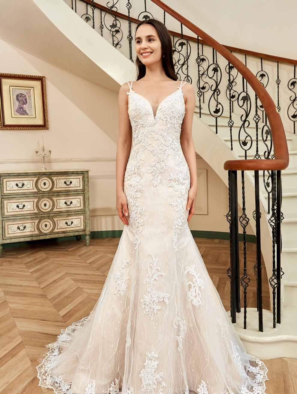 Wedding Dress Fit And Flare With Beaded Straps Floral Lace