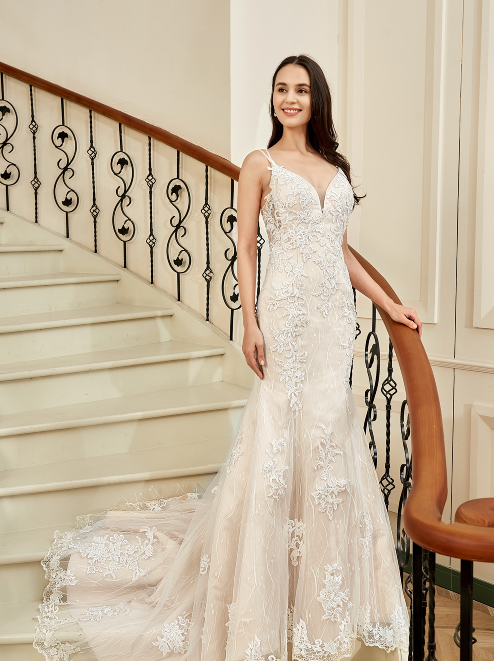 Wedding Dress Fit And Flare With Beaded Straps Floral Lace