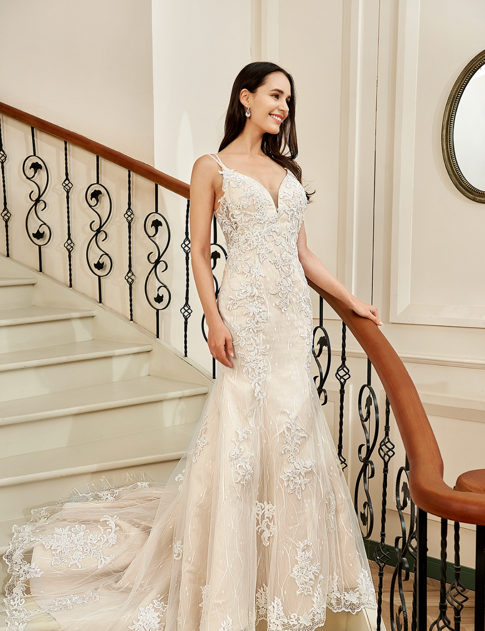 Wedding Dress Fit And Flare With Beaded Straps Floral Lace