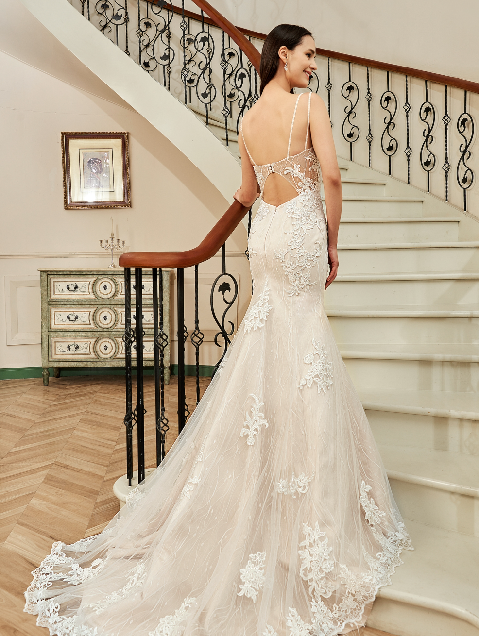 Wedding Dress Fit And Flare With Beaded Straps Floral Lace