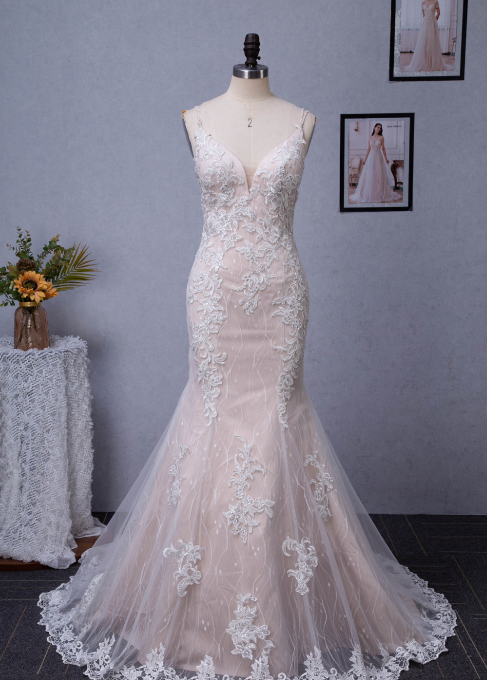Wedding Dress Fit And Flare With Beaded Straps Floral Lace