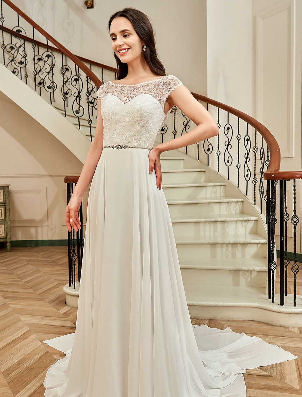 Wedding Dress Chiffon A Line With Detachable Train Gown