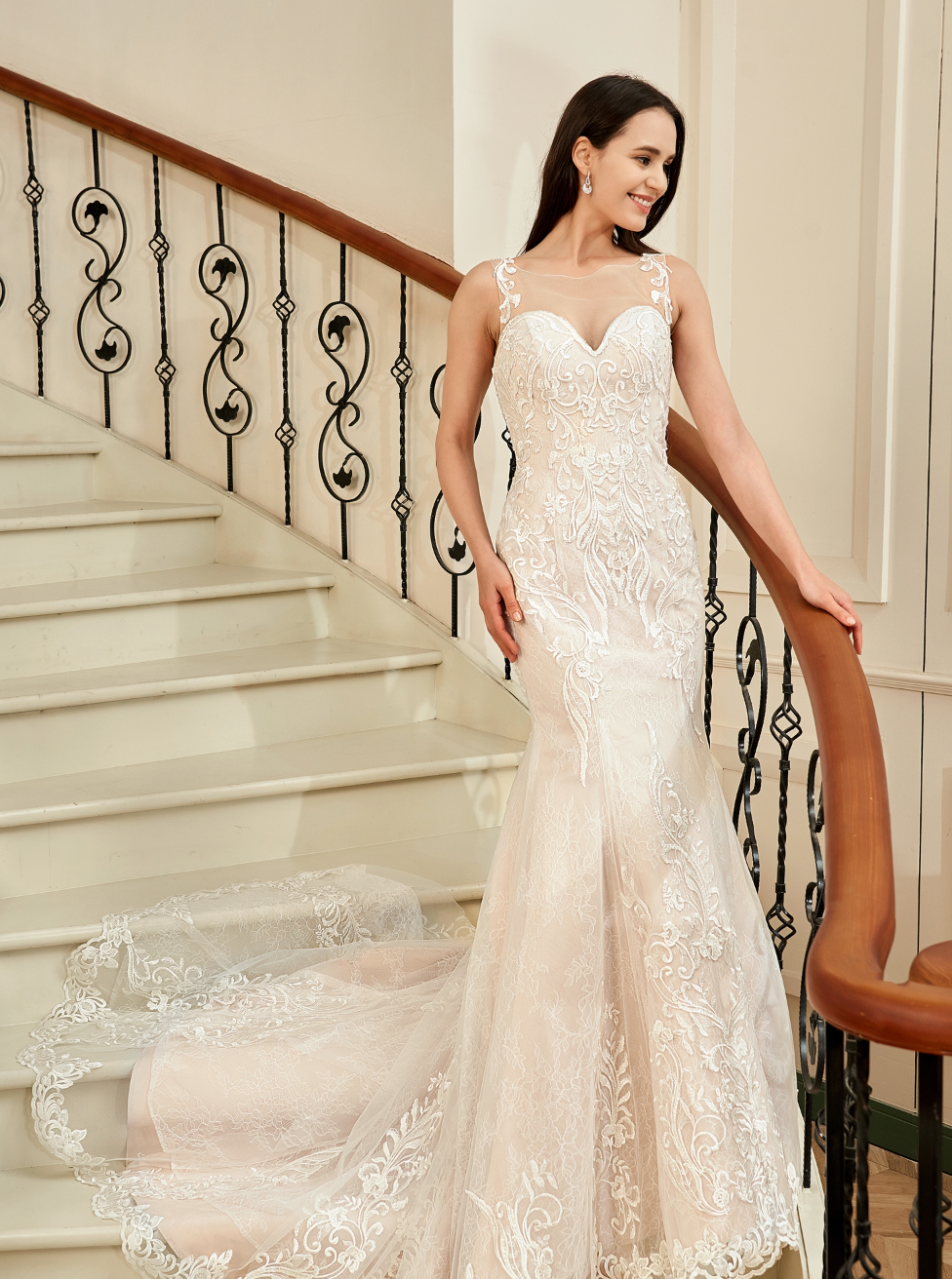Wedding Dress Blush Illusion Neckline Lace Mermaid Gown
