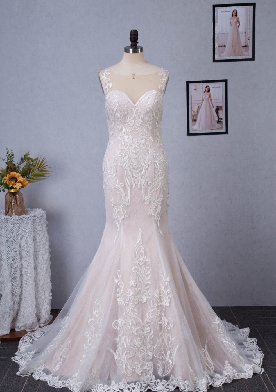 Wedding Dress Blush Illusion Neckline Lace Mermaid Gown